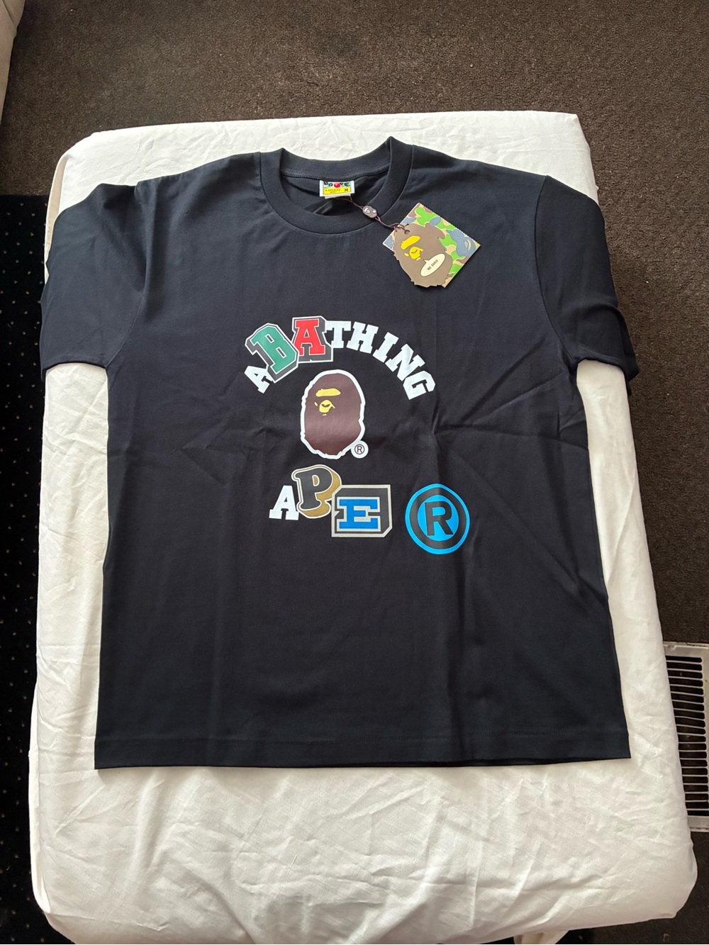 Bape Black Graphic Logo Short Sleeve Tee with Multicolor Accents